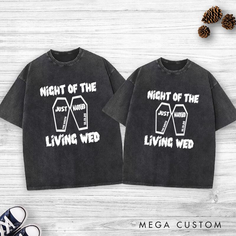 Personalized Spooky Night of the Living Wed Just Married Wedding Couple Washed T-Shirt