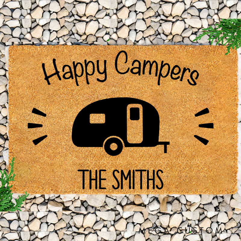 Personalized Happy Campers Doormat Camping Welcome Mat for Hiking Outdoor Traveling Lovers Gift 