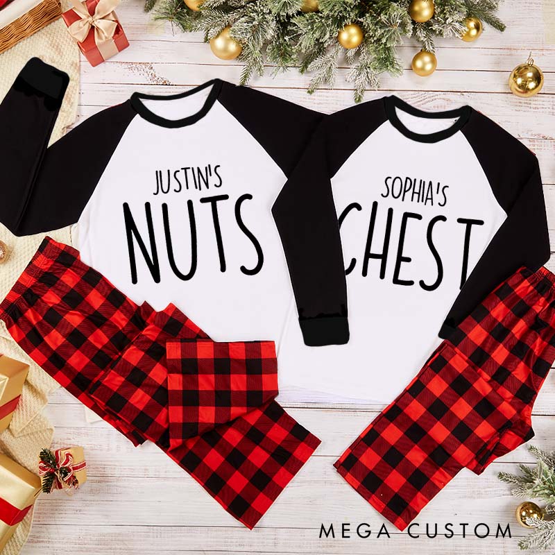 Personalized Couple Funny Nuts and Chest Xmas Matching Pajamas with Name Christmas Matching Pjs for Husband Wife Boyfriend Girlfriend