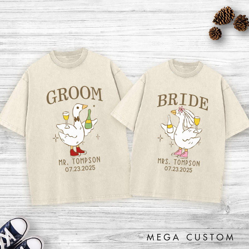 Personalized Lively Bride and Groom Silly Goose with Champagne Matching Wedding Couple Washed T-Shirt