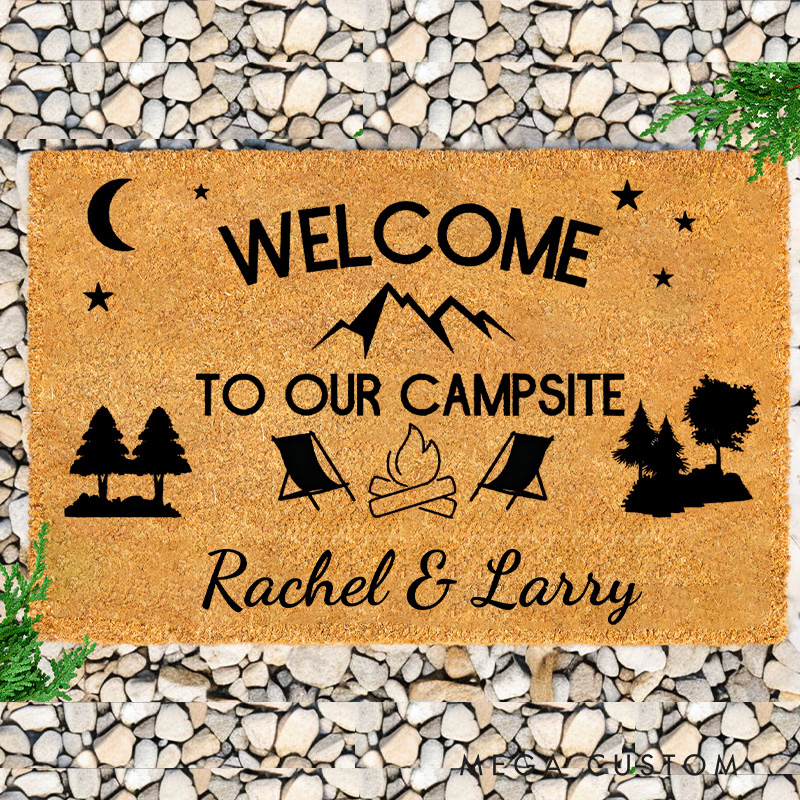 Personalized Welcome to Our Campsite Doormat  Family's Outdoor Doormat for Hiking Traveling Lovers Gift 
