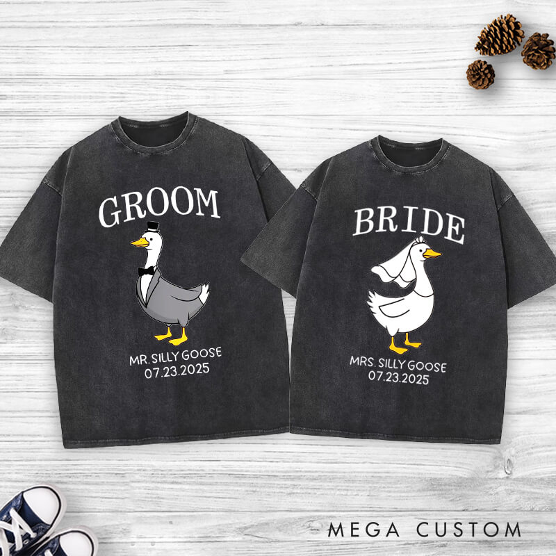 Personalized Bride and Groom Silly Goose Mr and Mrs Matching Wedding Couple Washed T-Shirt