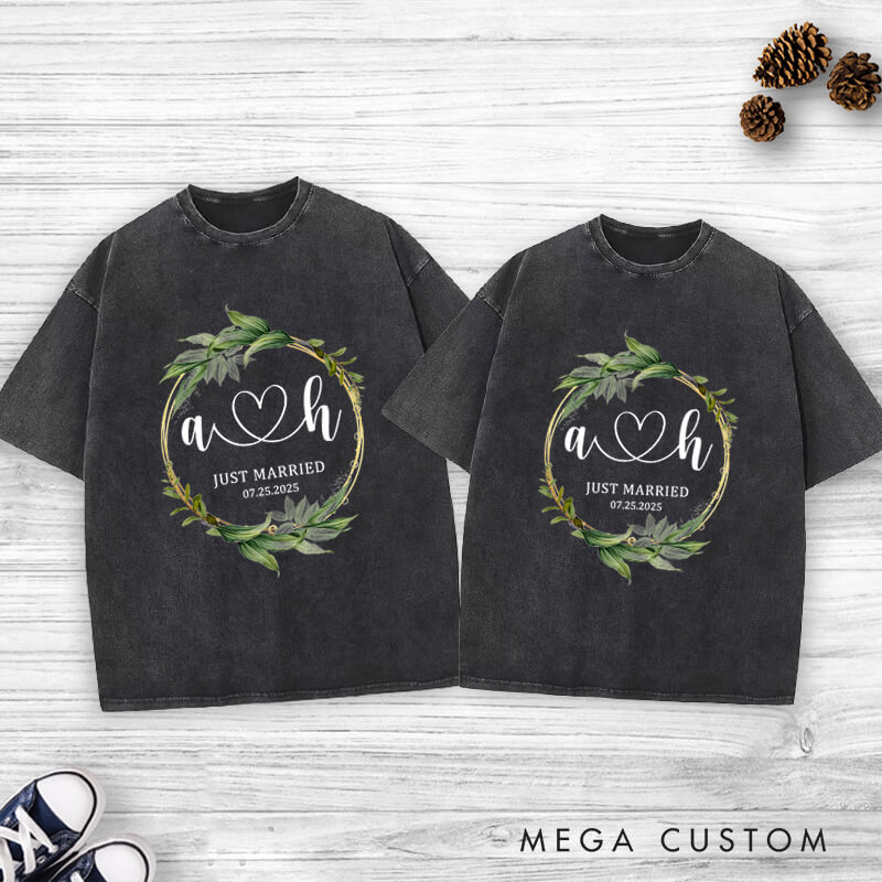 Personalized Romantic Botanical Just Married with Initials Wedding Couple Washed T-Shirt