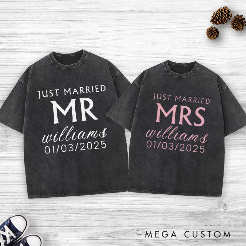 Personalized Minimalist Just Married Mr and Mrs Wedding Couple Washed T-Shirt