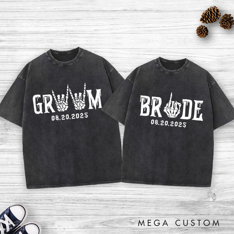 Personalized Funny Gesture Skeleton Bride and Groom Matching Wedding Couple Washed T-Shirt