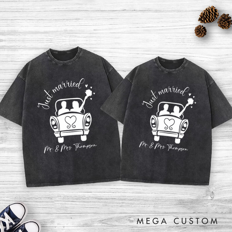 Personalized Romantic Just Married with Wedding Car Wedding Couple Washed T-Shirt