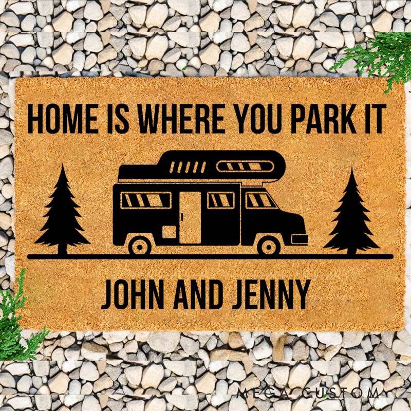 Personalized Family Happy Campers RV Life Doormat Home Is Where You Park It Door Mat for Hiking Traveling Lovers Gift 
