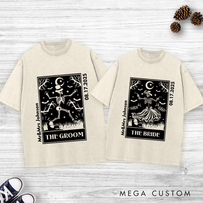 Personalized Whimsical Tarot Card Skeleton Bride and Groom Wedding Couple Washed T-Shirt