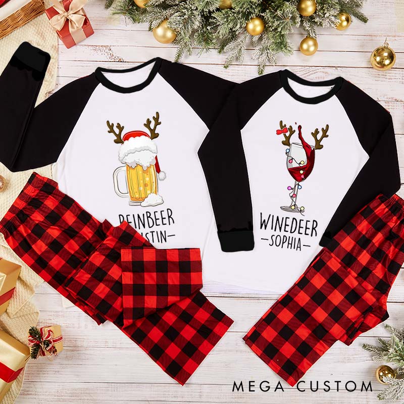 Personalized Couple Reinbeer and Winedeer Xmas Matching Pajamas Christmas Matching Pjs for Husband Wife Boyfriend Girlfriend