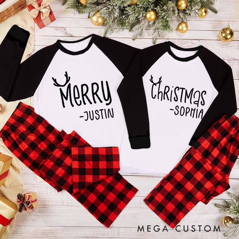 Personalized Couple Merry and Christmas with Antler Xmas Matching Pajamas Christmas Pjs for Husband Wife Boyfriend Girlfriend
