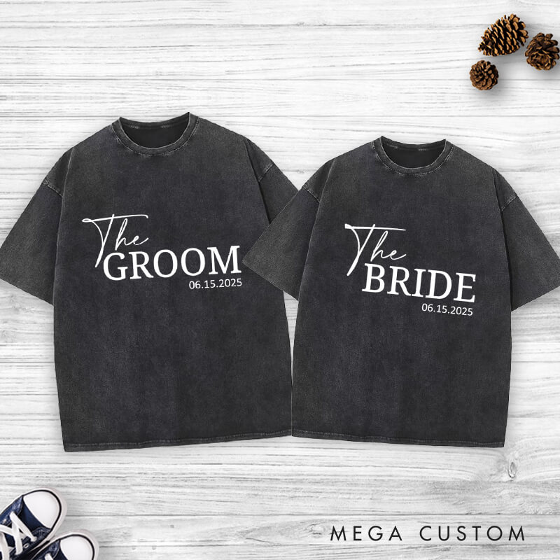Personalized Minimalist The Bride and The Groom with Date Matching Wedding Couple Washed T-Shirt