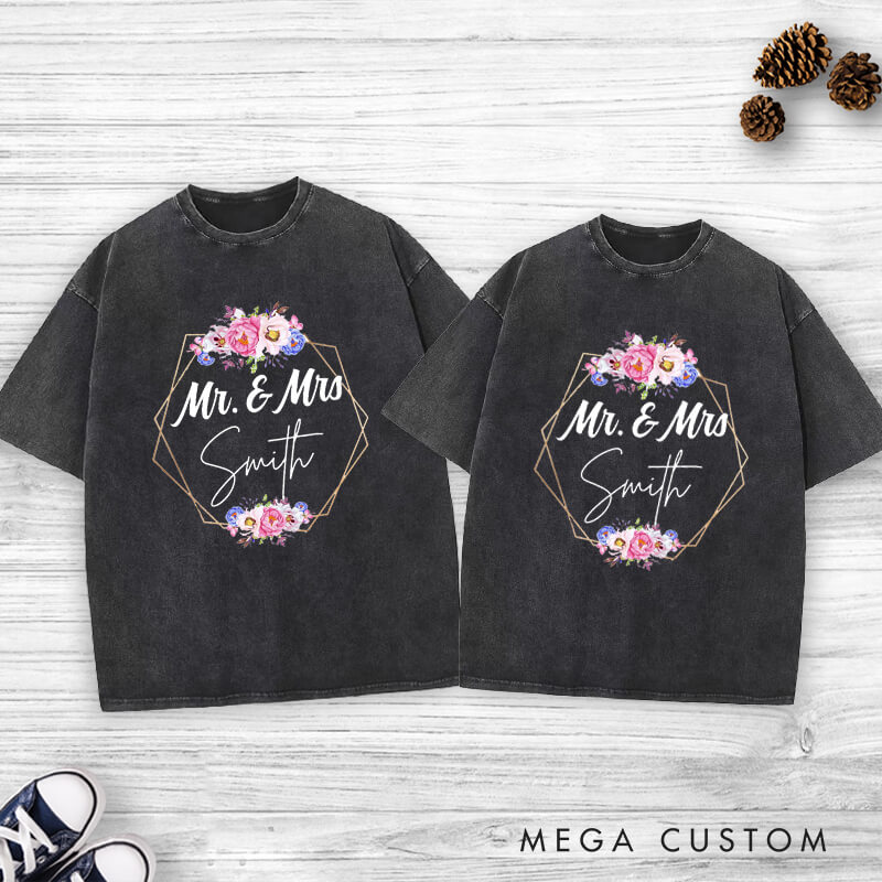 Personalized Geometric Frame with Watercolor Floral Mr and Mrs Wedding Couple Washed T-Shirt