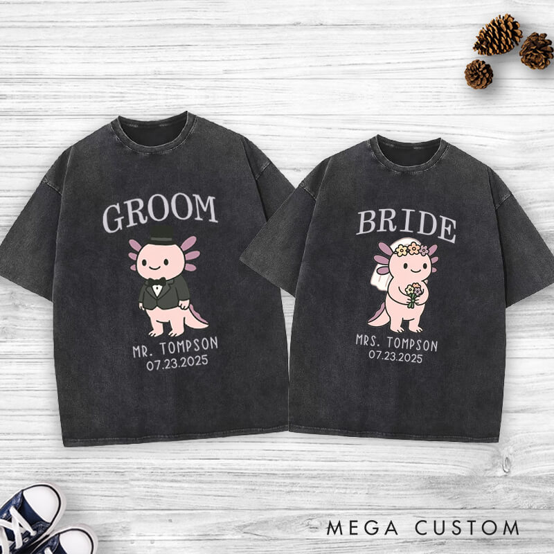Personalized Cute Bride and Groom Axolotl Wedding Couple Washed T-Shirt