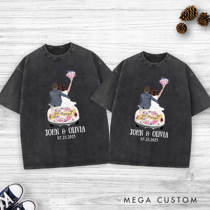 Personalized Romantic Just Married Getaway Car Wedding Couple Washed T-Shirt