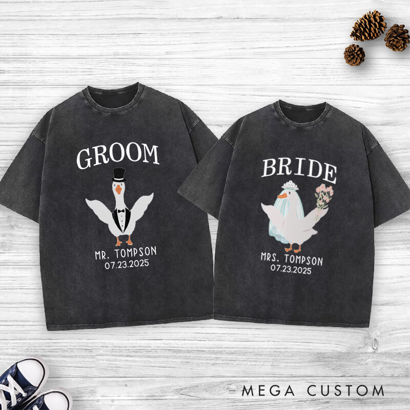 Personalized Whimsical Bride and Groom Silly Goose Matching Wedding Couple Washed T-Shirt
