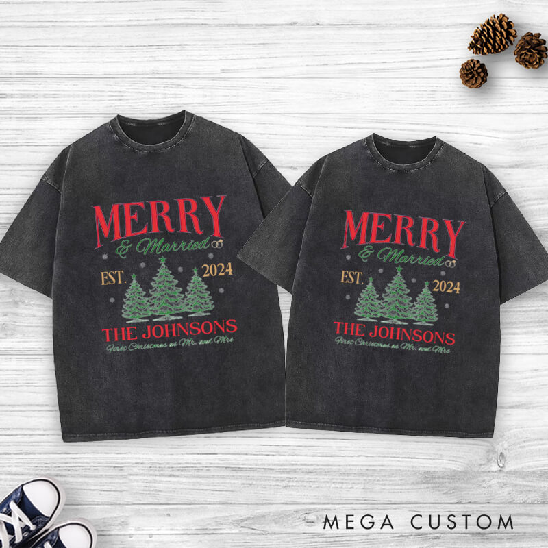 Personalized Joyful Merry and Married the First Christmas as Mr and Mrs Washed T-Shirt
