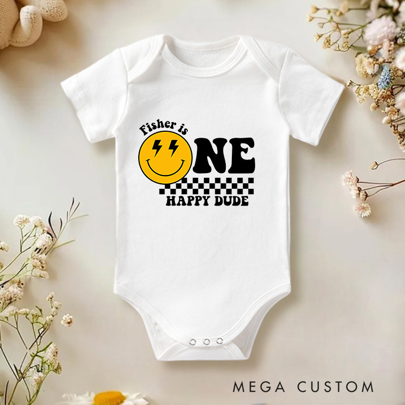 Personalized One Happy Dude Birthday Smiley Face Baby Onesie Birthday Gift for Baby