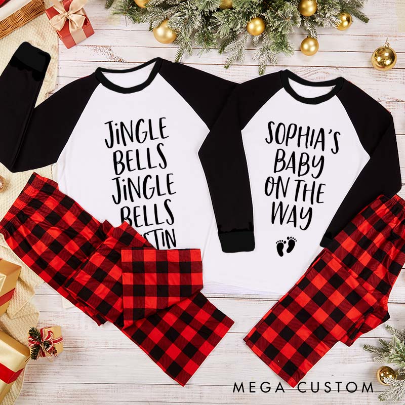 Personalized Couple Jingle Bells and Baby On the Way Xmas Matching Pajamas Christmas Matching Pjs for Husband Wife Boyfriend Girlfriend
