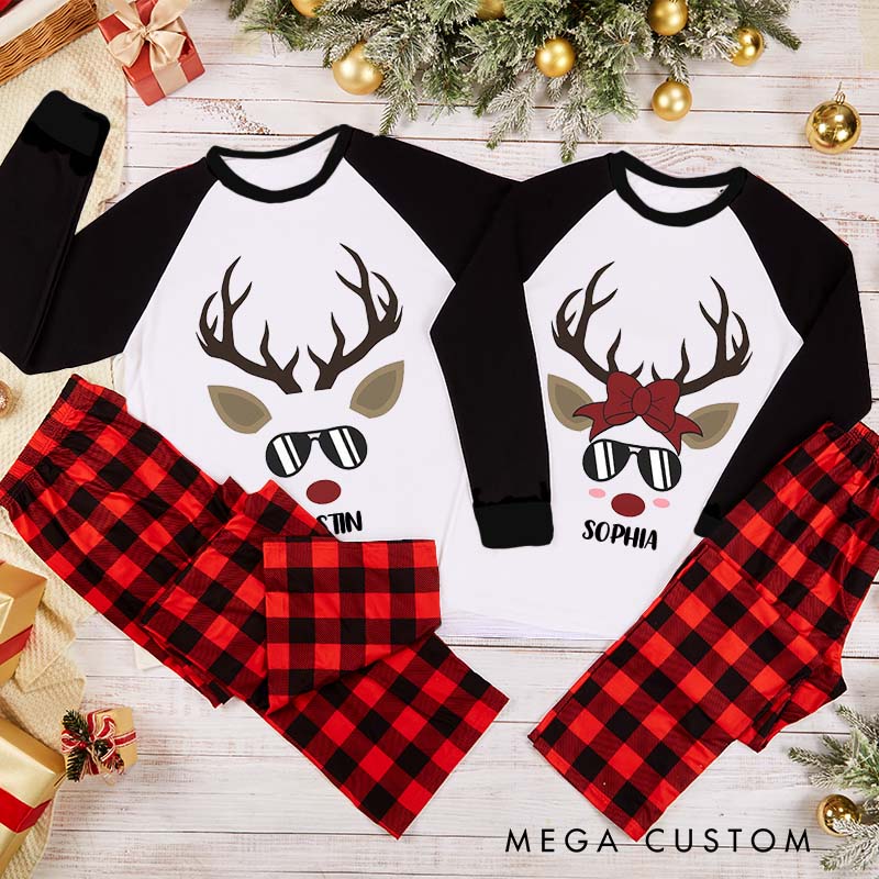Personalized Couple Reindeer with Sunglasses Xmas Matching Pajamas Christmas Matching Pjs for Husband Wife Boyfriend Girlfriend