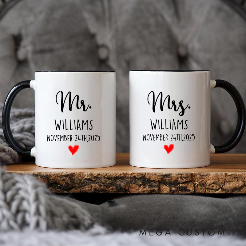 Personalized Mr & Mrs Wedding Date Mug with Heart Accent Couple Coffee Cup for Her Him Ceramic Cup for Couple Newlyweds