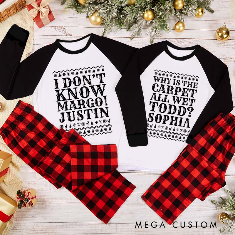 Personalized Couple Retro I Don’t Know and Why Is the Carpet All Wet Xmas Pajamas Christmas Pjs for Husband Wife Boyfriend Girlfriend