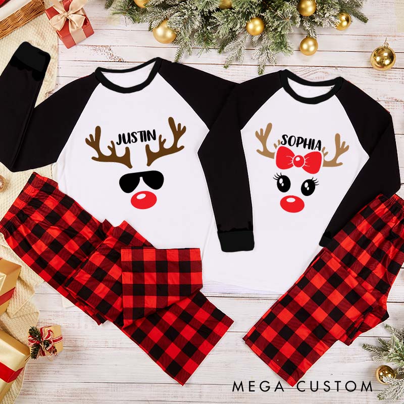 Personalized Couple Cute Reindeer with Sunglasses Xmas Matching Pajamas Christmas Matching Pjs for Husband Wife Boyfriend Girlfriend