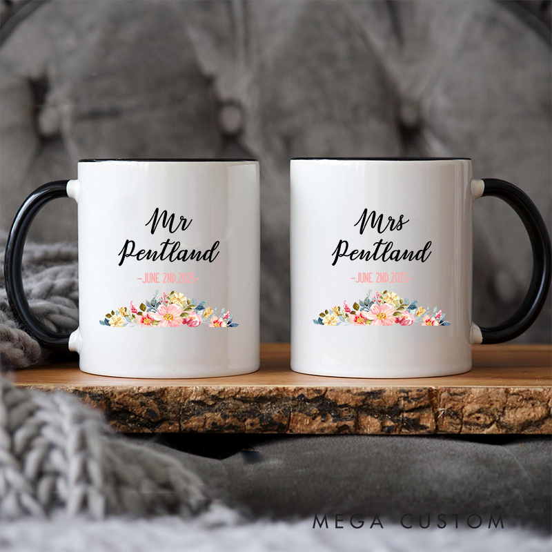 Personalized Floral Mr & Mrs Wedding Mug Ceramic Coffee Cup for Husband Wife Anniversary Couple Mug for Newlyweds