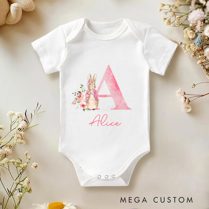 Personalized Pink Rabbit Initial Baby Onesie  New Girl Gift Coming Home Gift 