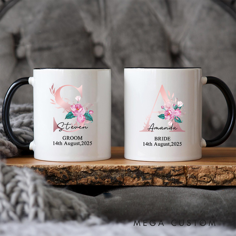 Personalized Floral Initial Wedding Mug Groom Bride Ceramic Coffee Cup for Husband Wife Wedding Couple Mug for Newlyweds