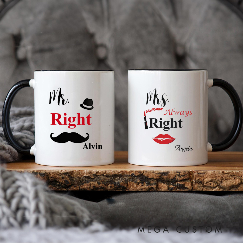 Personalized Mr. Right & Mrs. Always Right Mug Couple Ceramic Mug for Husband Wife Anniversary Gift Mug for Newlywed