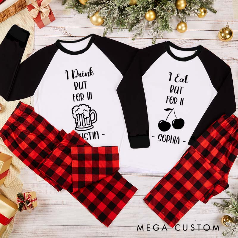 Personalized Couple I Drink But For III and I Eat But For II Xmas Pajamas Christmas Matching Pjs for Husband Wife Boyfriend Girlfriend