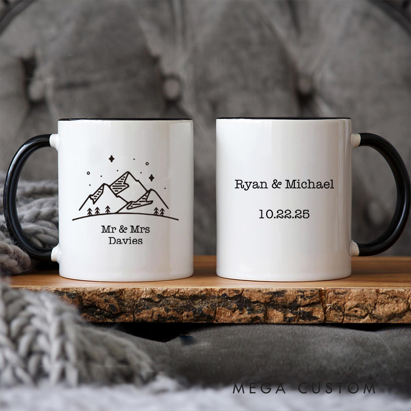 Personalized Mountain Adventure Wedding Mug Coffee Mug for Husband Wife Couple Ceramic Mug for Newlywed Couple Anniversary Gift
