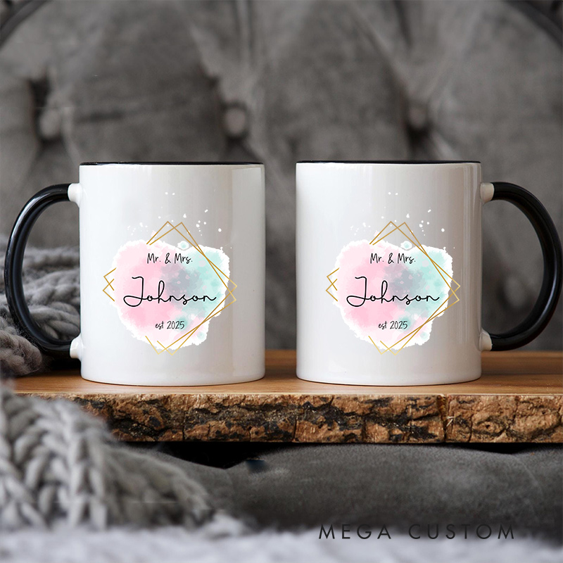 Personalized Mr. & Mrs. Watercolor Wedding  Mug Ceramic Coffee Mug for Newlywed Husband Wife Coffee Cup Couple Anniversary Cup