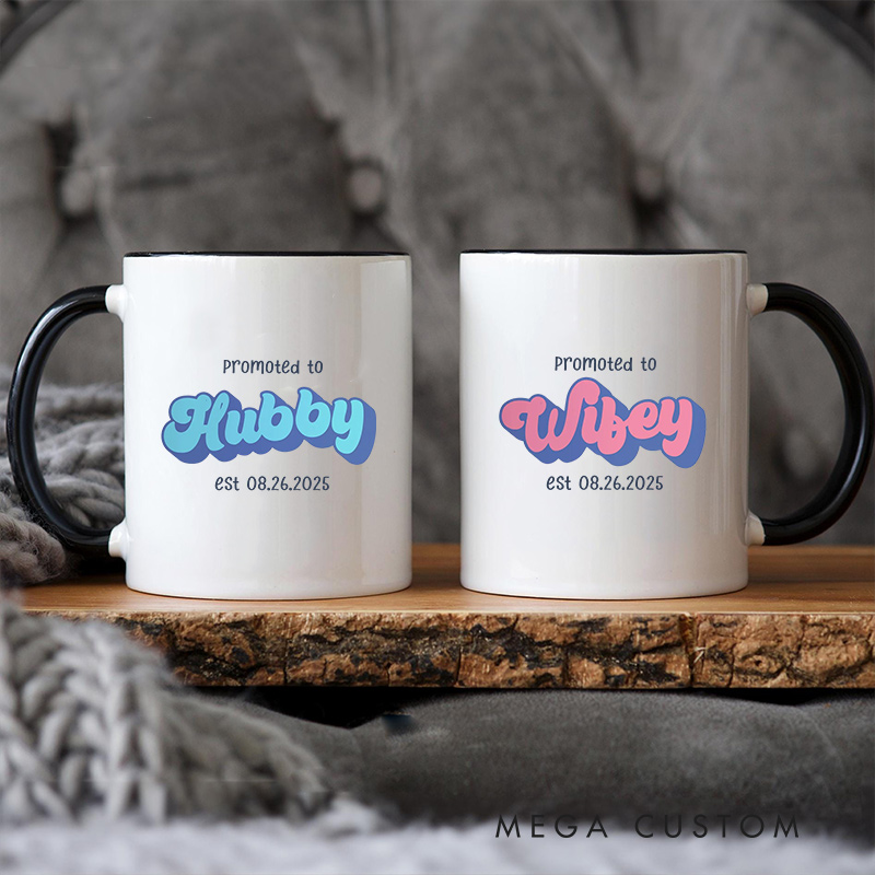 Personalized Promoted to Hubby & Wifey Mugs Humors Coffee Mug for Couple Husband Wife Coffee Cup Newlywed Anniversary Cup