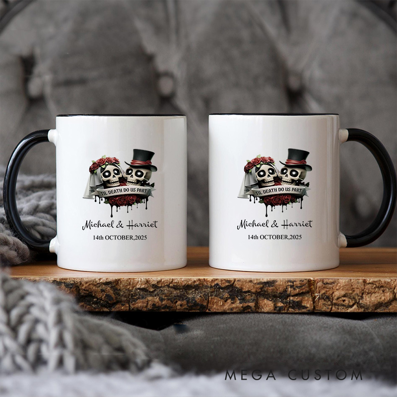 Personalized Couple Mug Til Death Do Us Part Wedding Mug Gothic Skeleton Groom Bride Mug Newlyweds Coffee Cup for Husband Wife