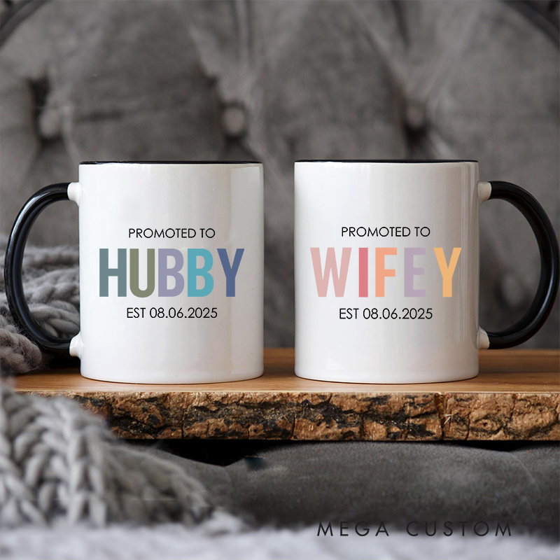 Personalized Promoted to Hubby & Wifey Mug Couple Wedding Mug for Her Him Newlyweds Coffee Cup for Husband Wife