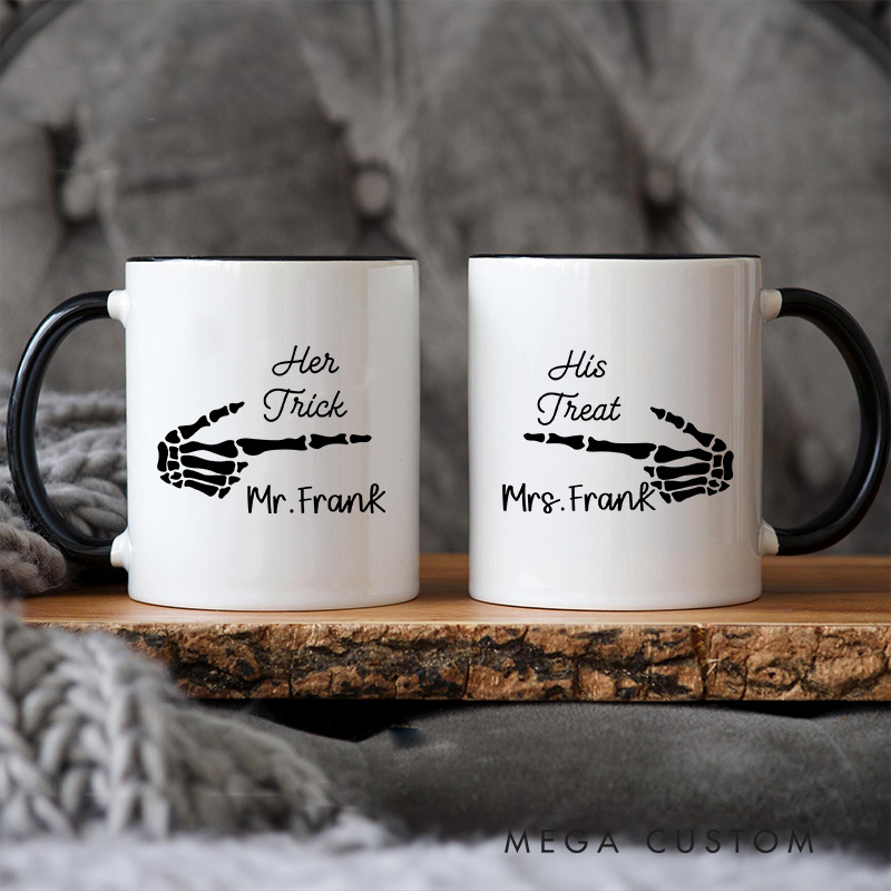 Personalized Her Trick & His Treat Halloween Couple Mugs Couple Coffee Mug for Newlyweds Halloween Coffee Cup for Husband Wife