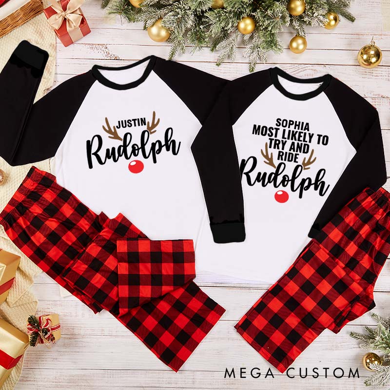 Personalized Playful Couple Most Likely to Try and Ride Rudolph Xmas Pajamas with Name Christmas Matching Pjs for Husband Wife Boyfriend Girlfriend