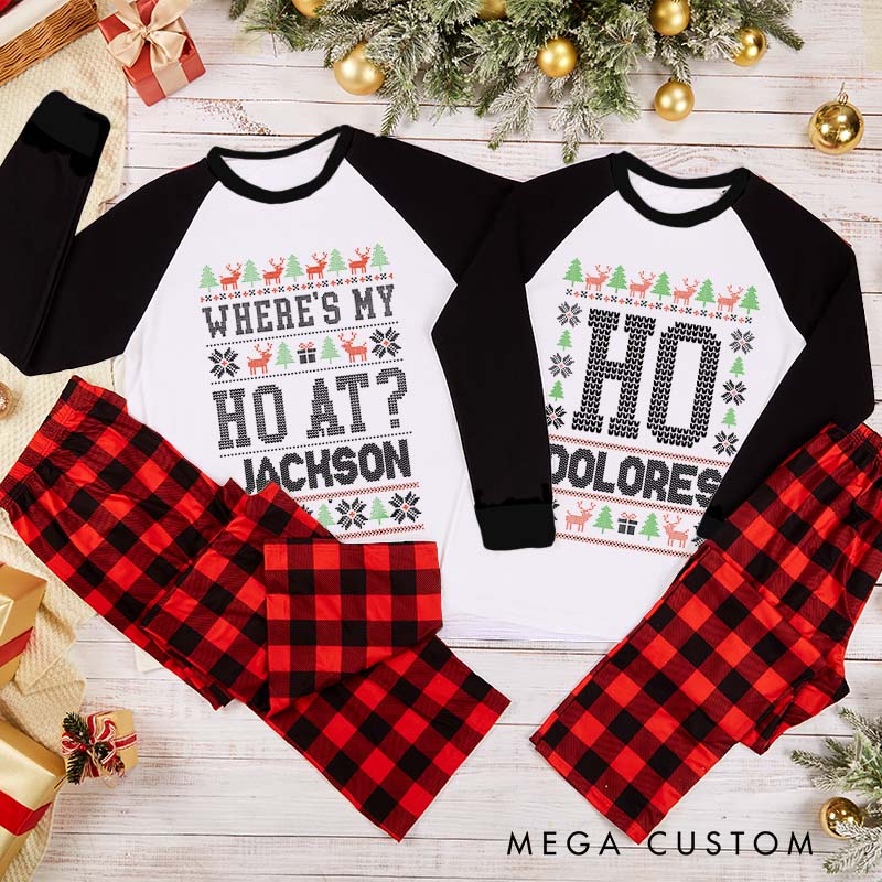 Personalized Funny Couple Where’s My Ho At and Ho Xmas Matching Pajamas Christmas Matching Pjs for Husband Wife Boyfriend Girlfriend