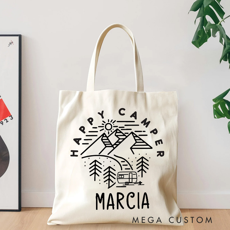 Personalized Happy Camper Outdoor Adventure Tote Bag Gift for Camping Hiking Traveling Lover 
