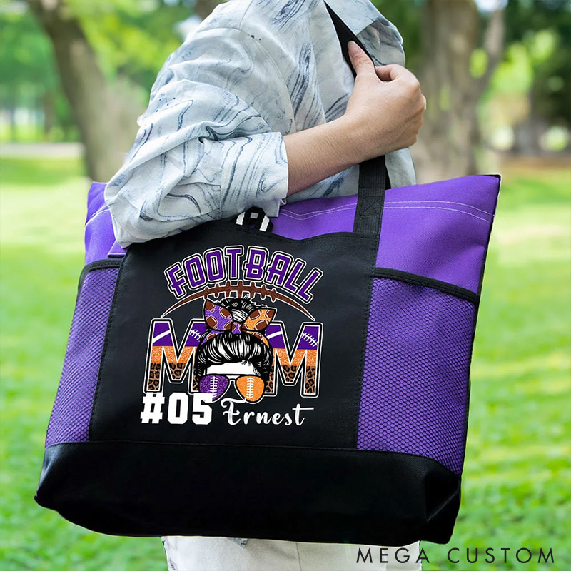 Personalized Football Mom Tote Bag with Custom Name and Number  
