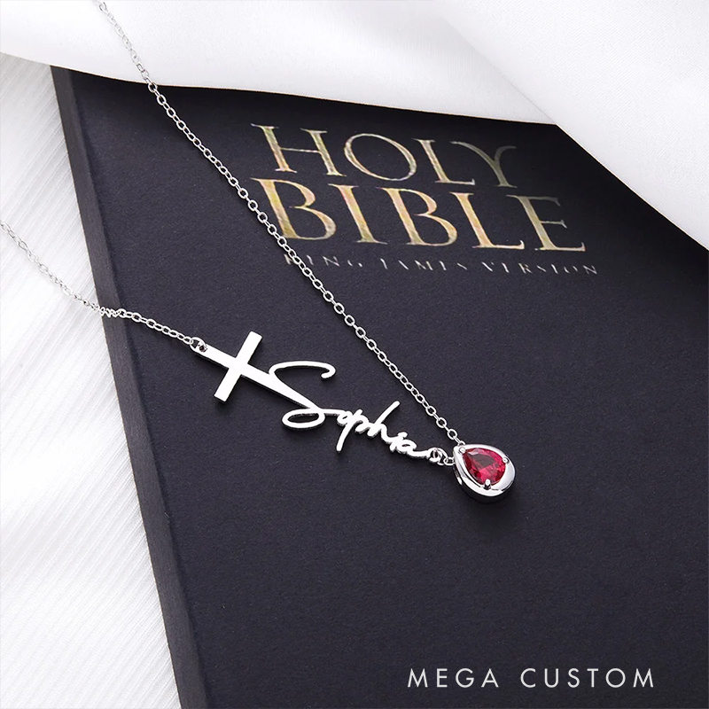 Personalized Dainty Cross Name Necklace with Drop-Shaped Birthstone Birthday Christian Baptism Gift for Her