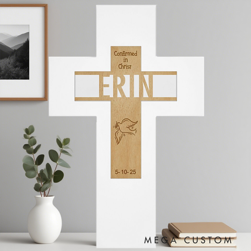 Personalized Sacrament Wooden Cross with Name and Wooden Base Home Decor Birthday Gift for Christians
