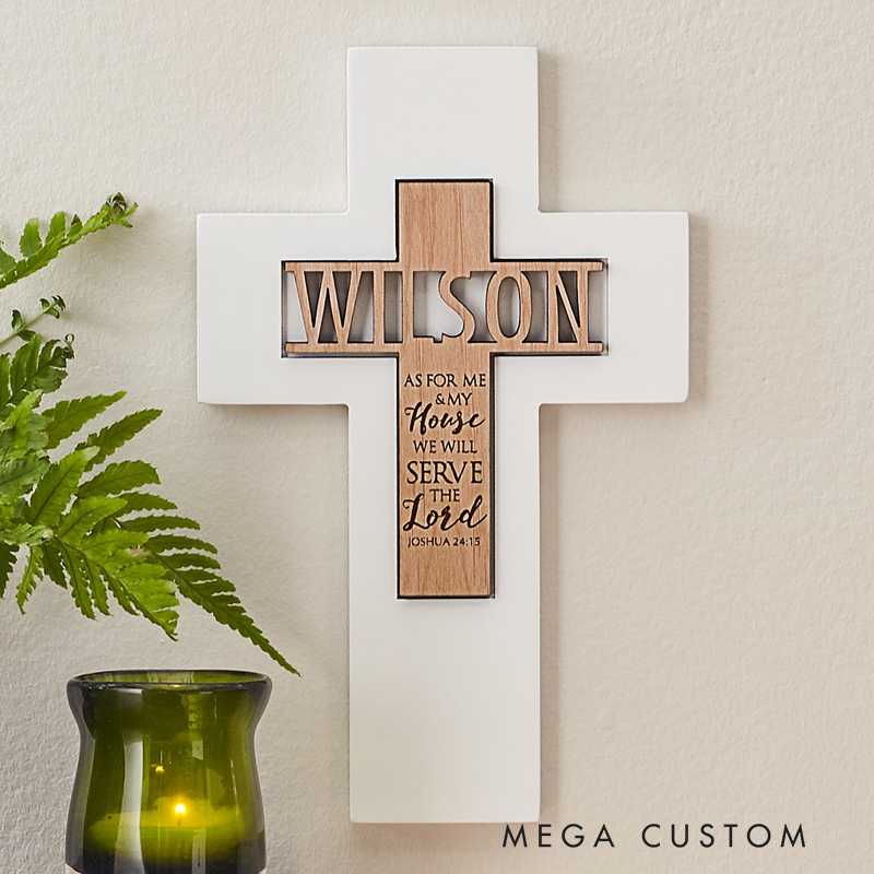 Personalized Our House Serves the Lord Wooden Cross with Name and Wooden Base Home Decor Birthday Gift for Christians