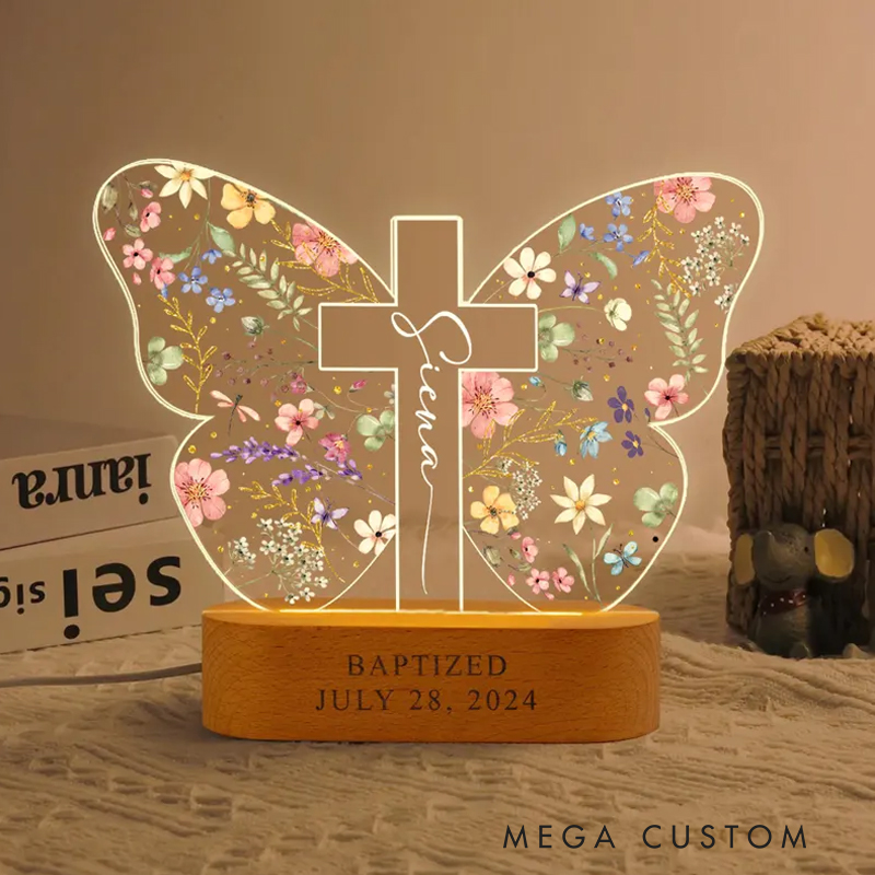 Personalized Butterfly Custom LED Night Light with Wooden Base Home Decor Baptism Gift for Christian