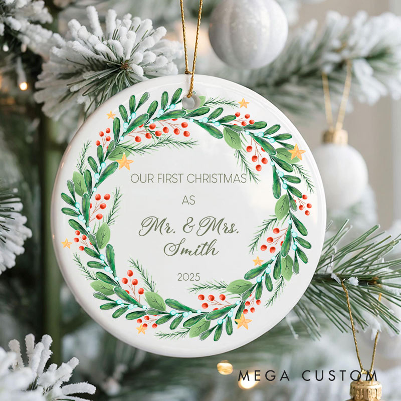 Personalized First Christmas as Mr and Mrs Ornament with Festive Wreath Couple Christmas Ornament for Husband Wife