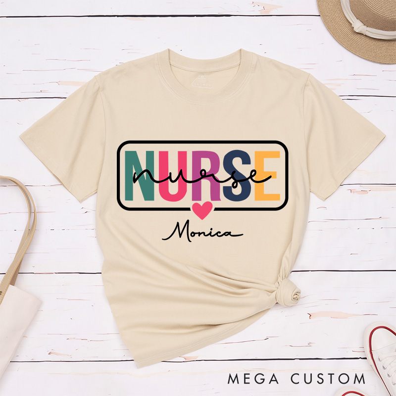 Personalized Nurse T-Shirts Colorful Care Nurse with Heart Fashion Design T-Shirts