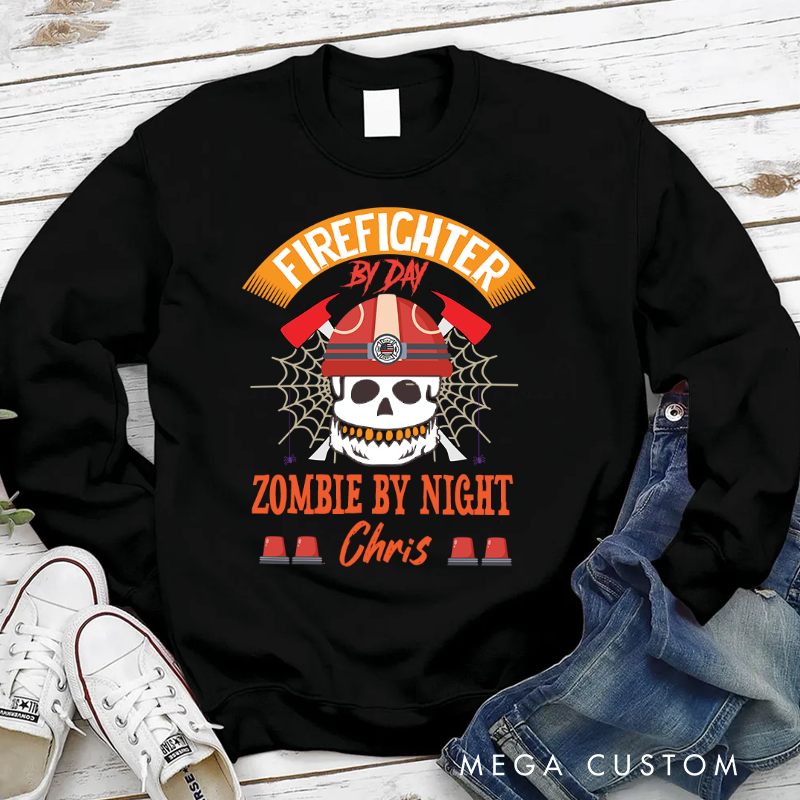 Personalized Halloween Sweatshirt Firefighter by Day Zombie by Night Skull Theme Gift for Firefighter