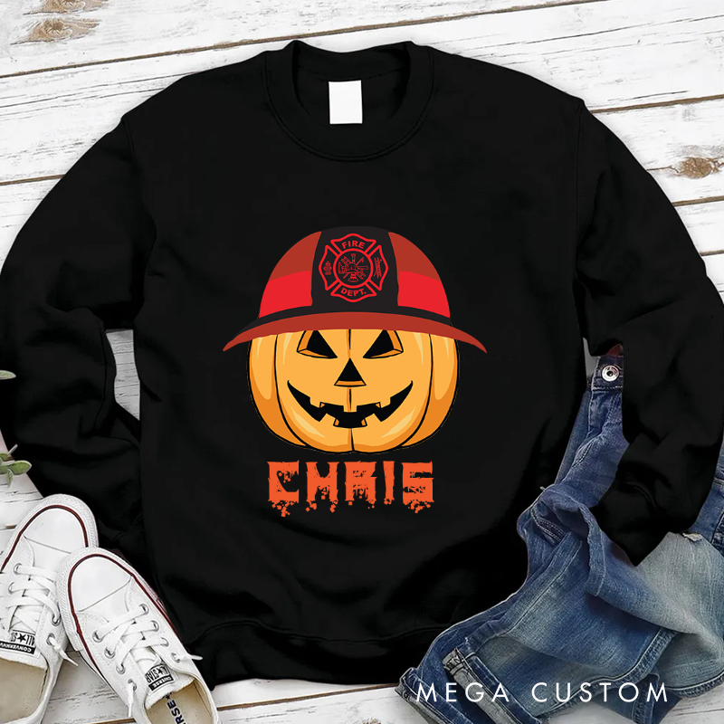 Personalized Fireman Halloween Sweatshirt Pumpkin with Firefighter Helmet Theme Gift