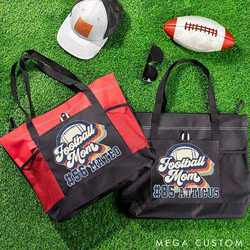 Personalized American Football Mom Tote Bag with Custom Name and Number